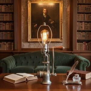 A Vintage Industrial Antique Metal Meat Grinder Table Lamp w/Edison Bulb! 💡